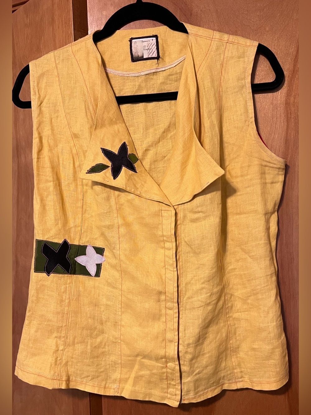 Linen Blend Vest Embroidered Patch Work Sleeveless Top Lola San Francisco Small